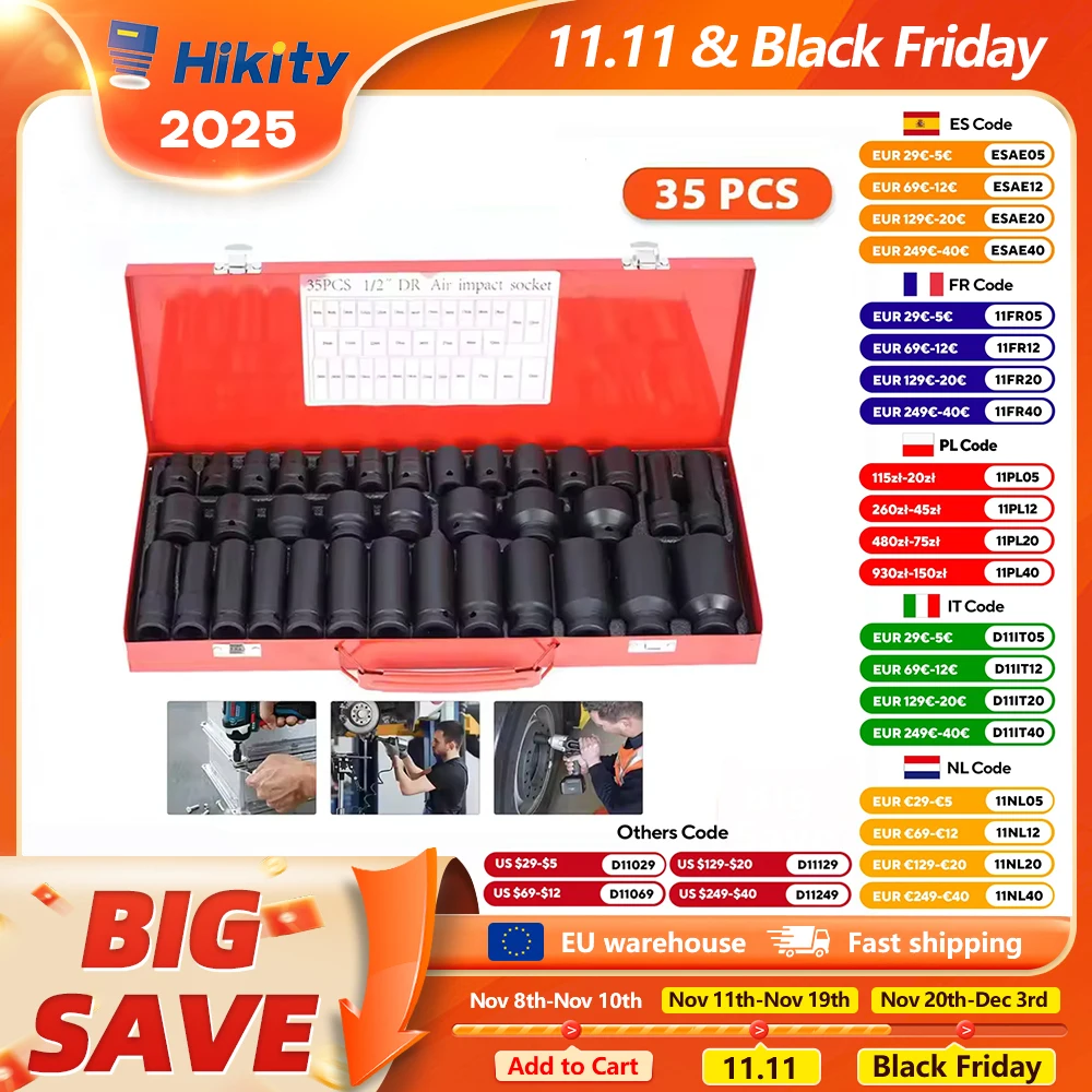 Hikity-Jeu de Douilles à Impact Profond de 1/2 Pouces, 35 Pièces, Douilles à 6 Points, Écrou d'Essieu de Broche, Garage, Atelier, Voiture, Camion, Outils à Main de Réparation