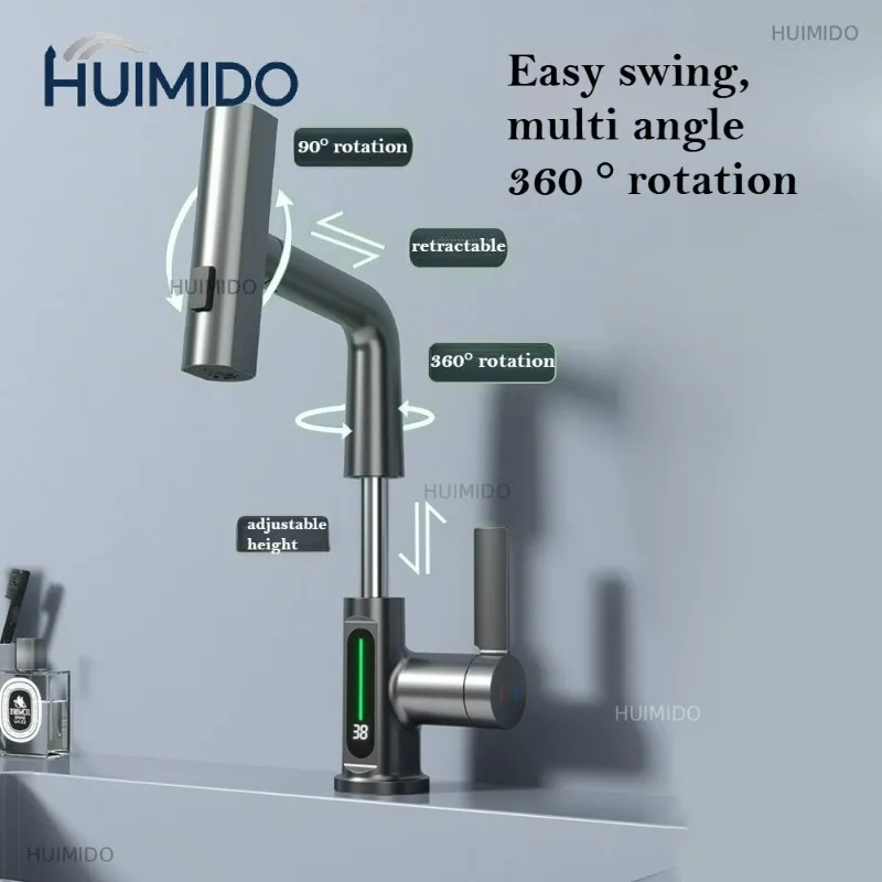 Temperature Digital Display Basin Faucet Pull-Out Kitchen & Bathroom Faucet Rainfall Temperature Hydropower Digital Display
