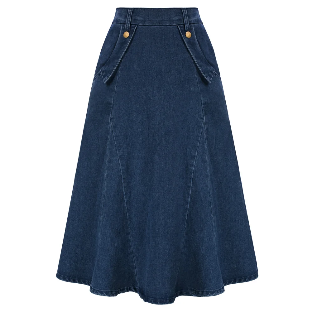 BP Women Vintage Jean Skirt Elastic High Waist Flared A-Line Midi Skirt Temperament elegant Streetwear denim Skirts