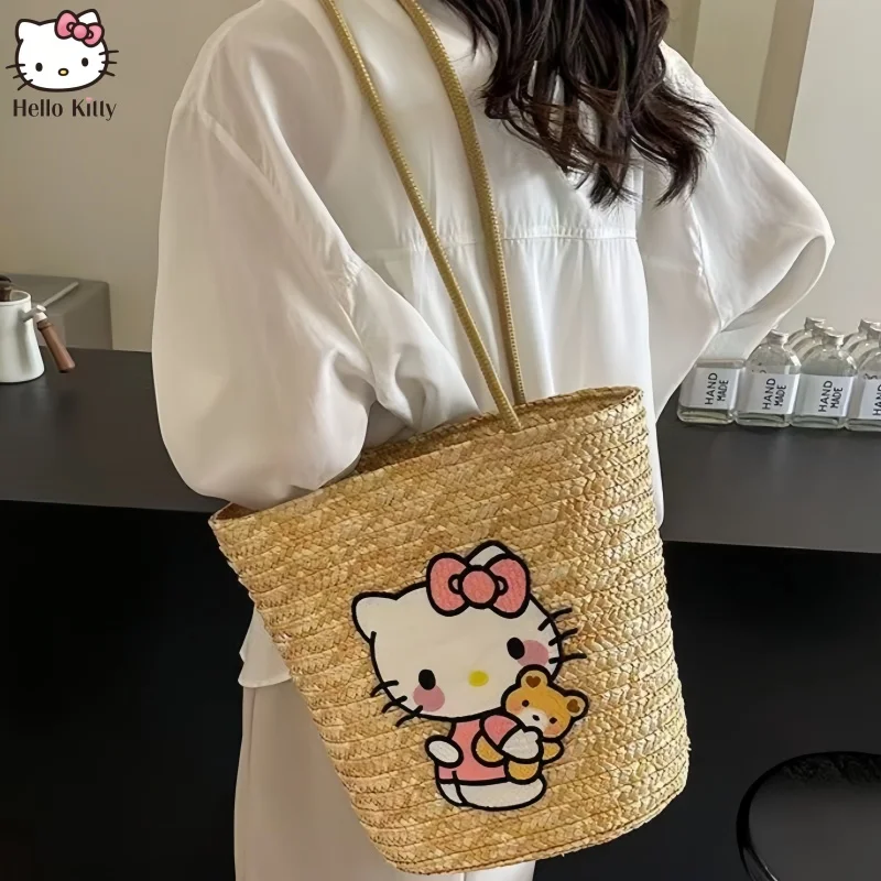 

Sanrio Hello Kitty богемная тканая сумка Kt с принтом в пляжном стиле, большая вместительная повседневная сумка-корзина для женщин, подарок