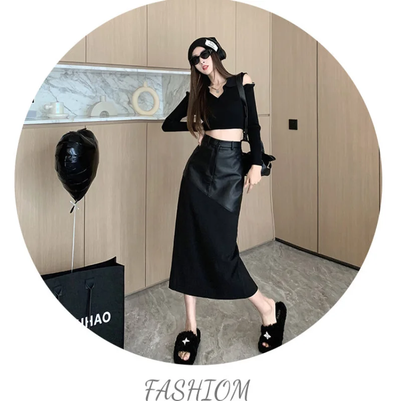 

Design Sense Niche Black Skirt Long Skirt Women's Autumn Winter New High Waist and Thin Pu Leather Splicing One-step Hip Skirt