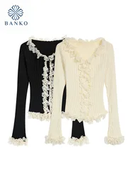 French Elegant Luxury O-Neck Cardigans 2000s Aesthetic Gyaru Lace Sweet Pullover Single Breasted High Street 2023 Autumn Winter