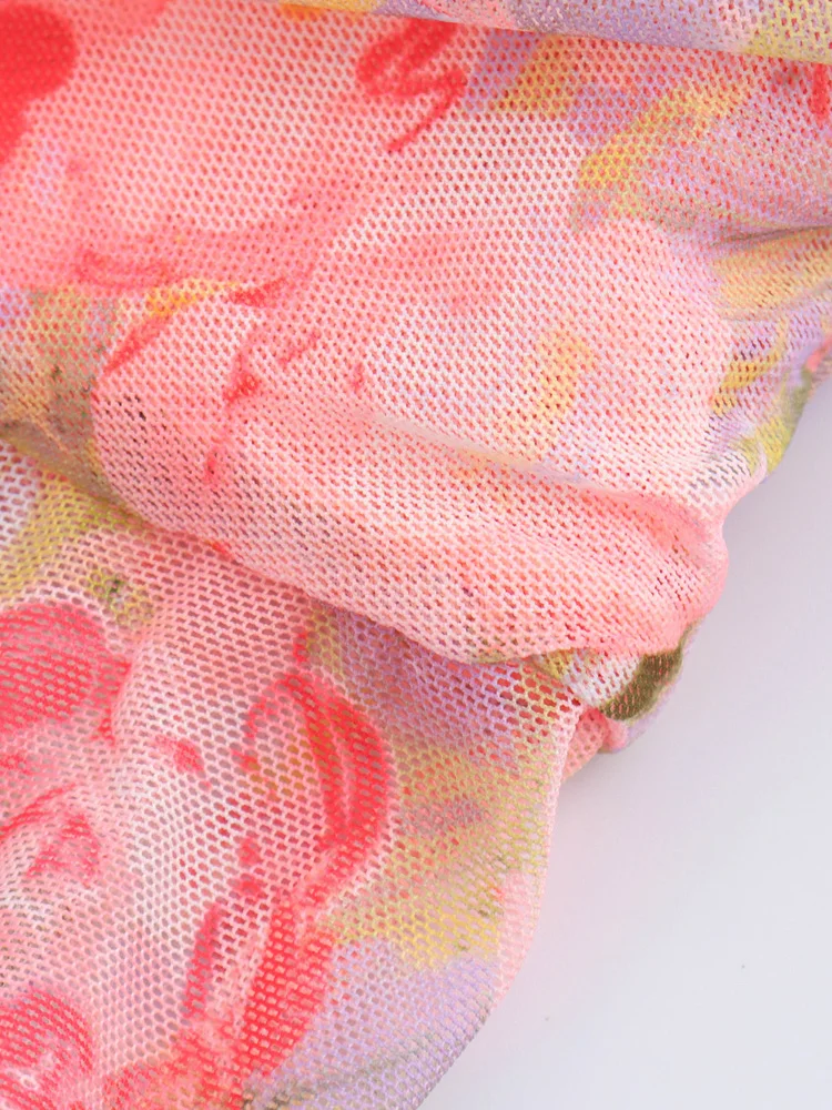 KAOPU ZA Women with ruffles draped printed tulle fitted midi dress vintage straight neck off-the-shoulder female dresses mujer