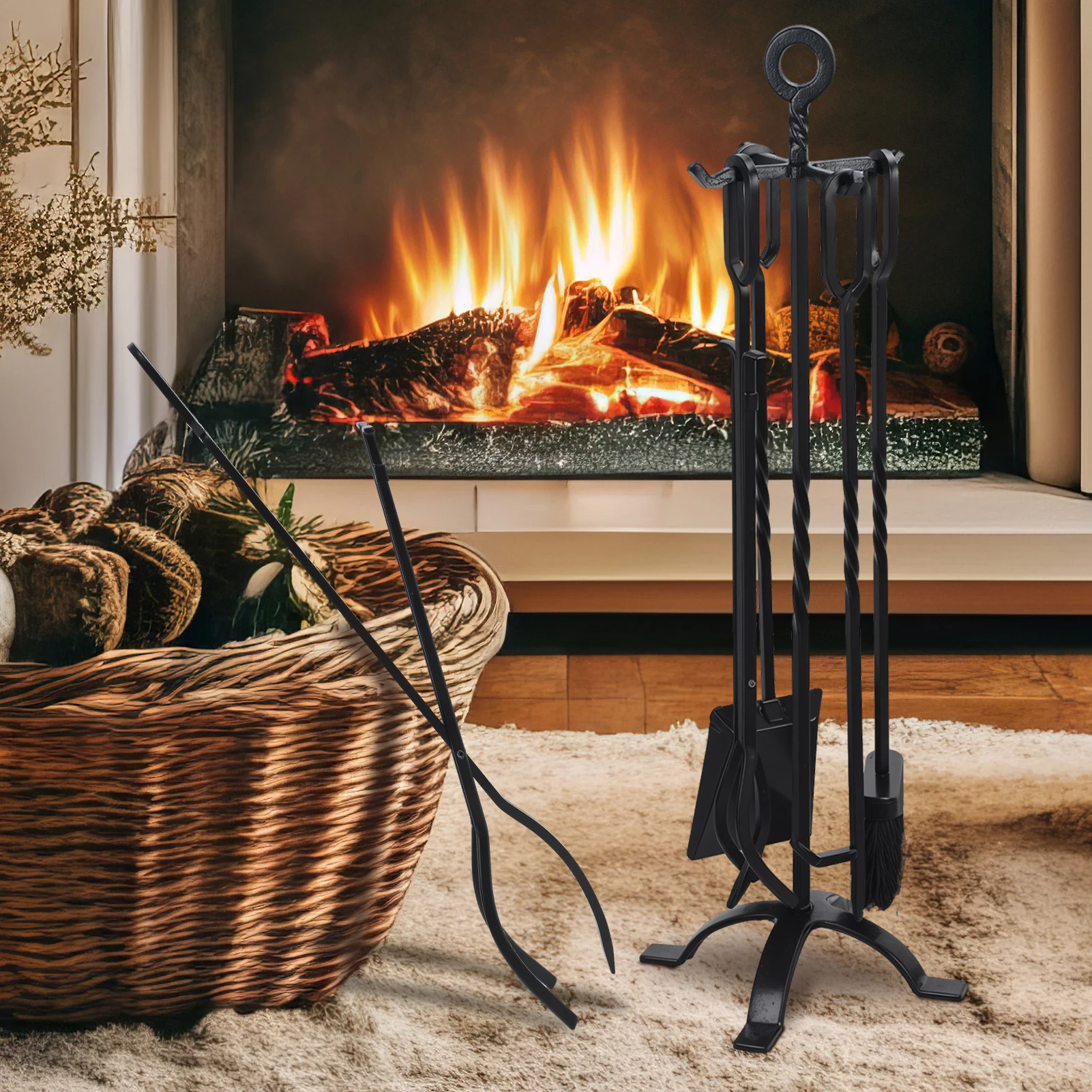 Garden Home 5 In 1 Fireplace Tools Sets Black Handle Wrought Iron Large Fire Tool Set And Holder Outdoor Fireset Stand Rustic