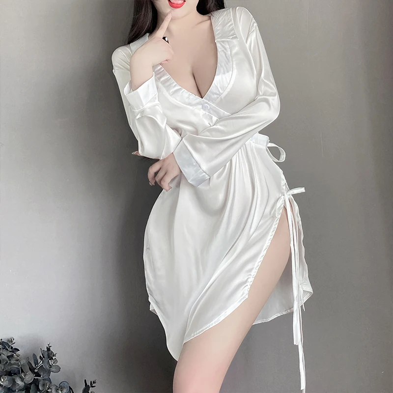 Dichengda Women Sexy Open Chest Sleeping Dress White Black V Neck Mini Dress Girls Lovely High Slipt Night Dress Bandage 2023