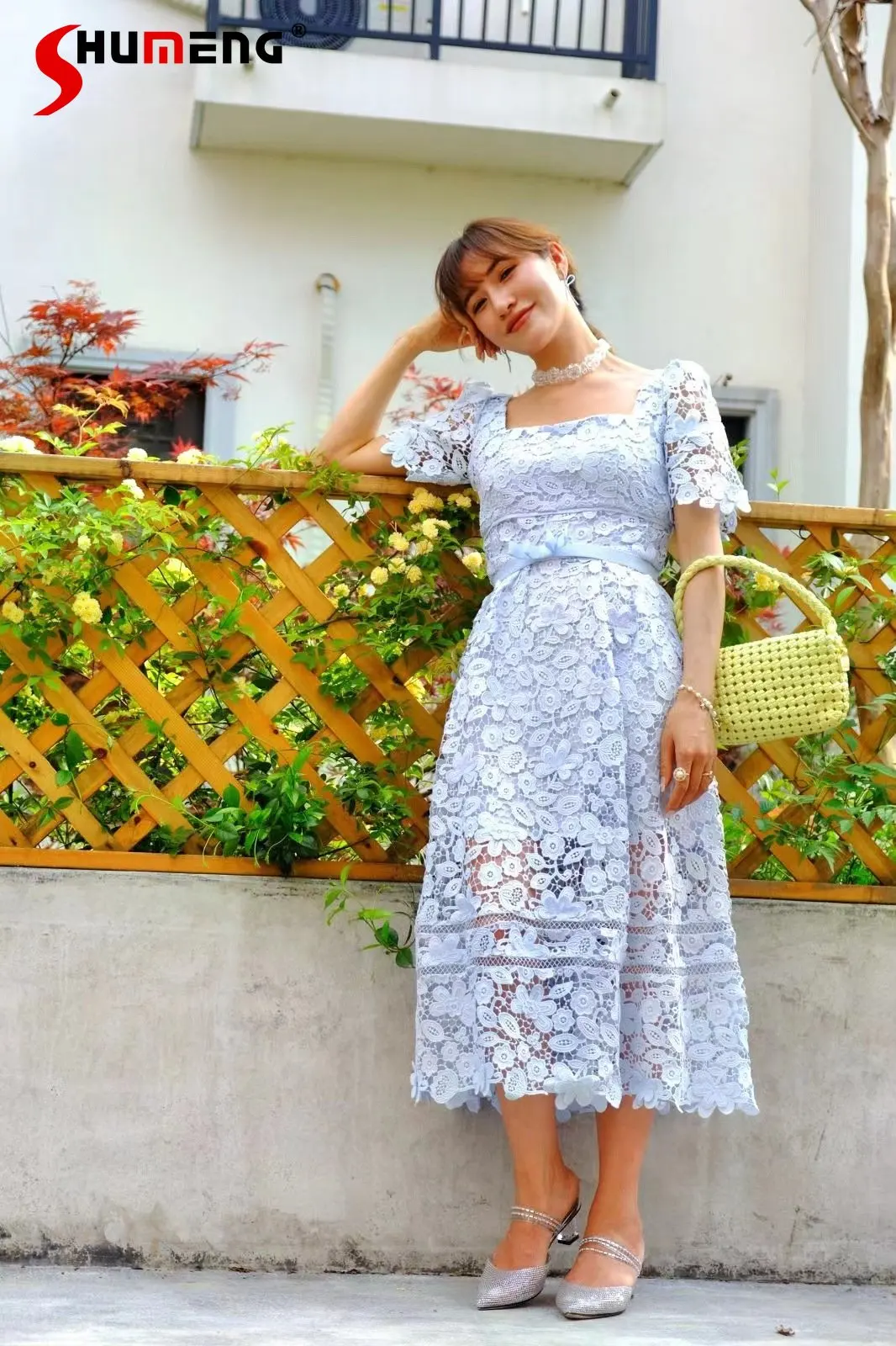 

Luxury Summer Lace Crocheted Blue Long Dress Women Sweet Flower Cutout Square Collar Bow Short Sleeve Maxi Dress Fairy Holiday