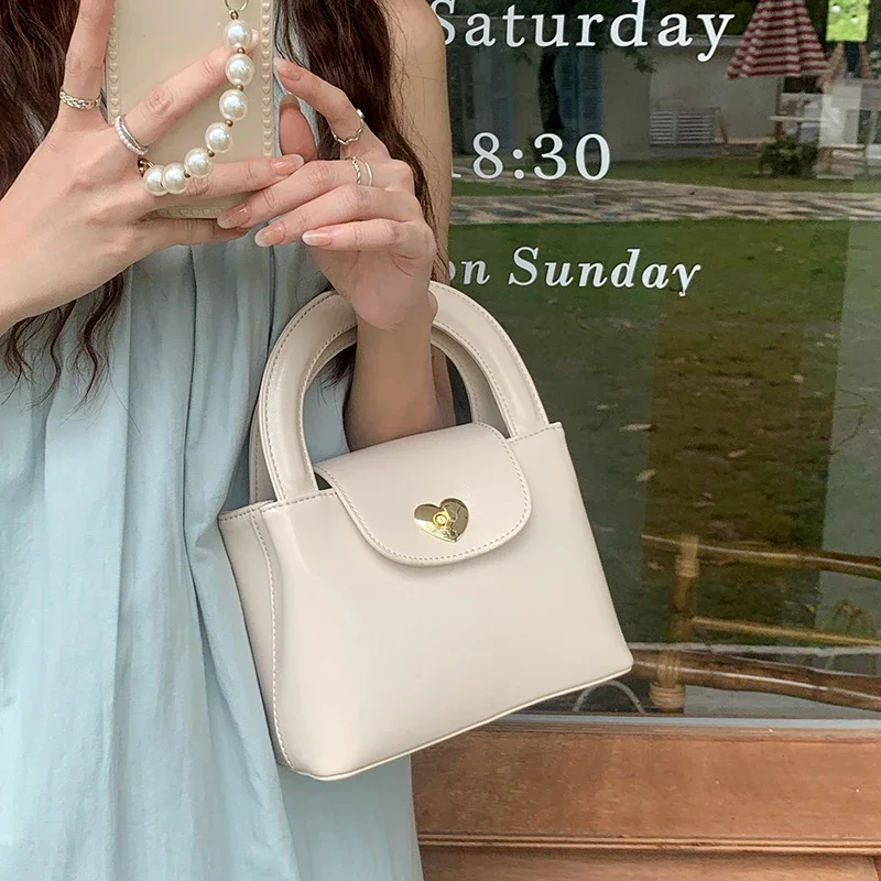 Xiuya Korean Style Vintage Handbag Solid Color Pu Leather Heart Lock Shoulder Bag 2023 Summer New Classic Fashion Crossbody Bag