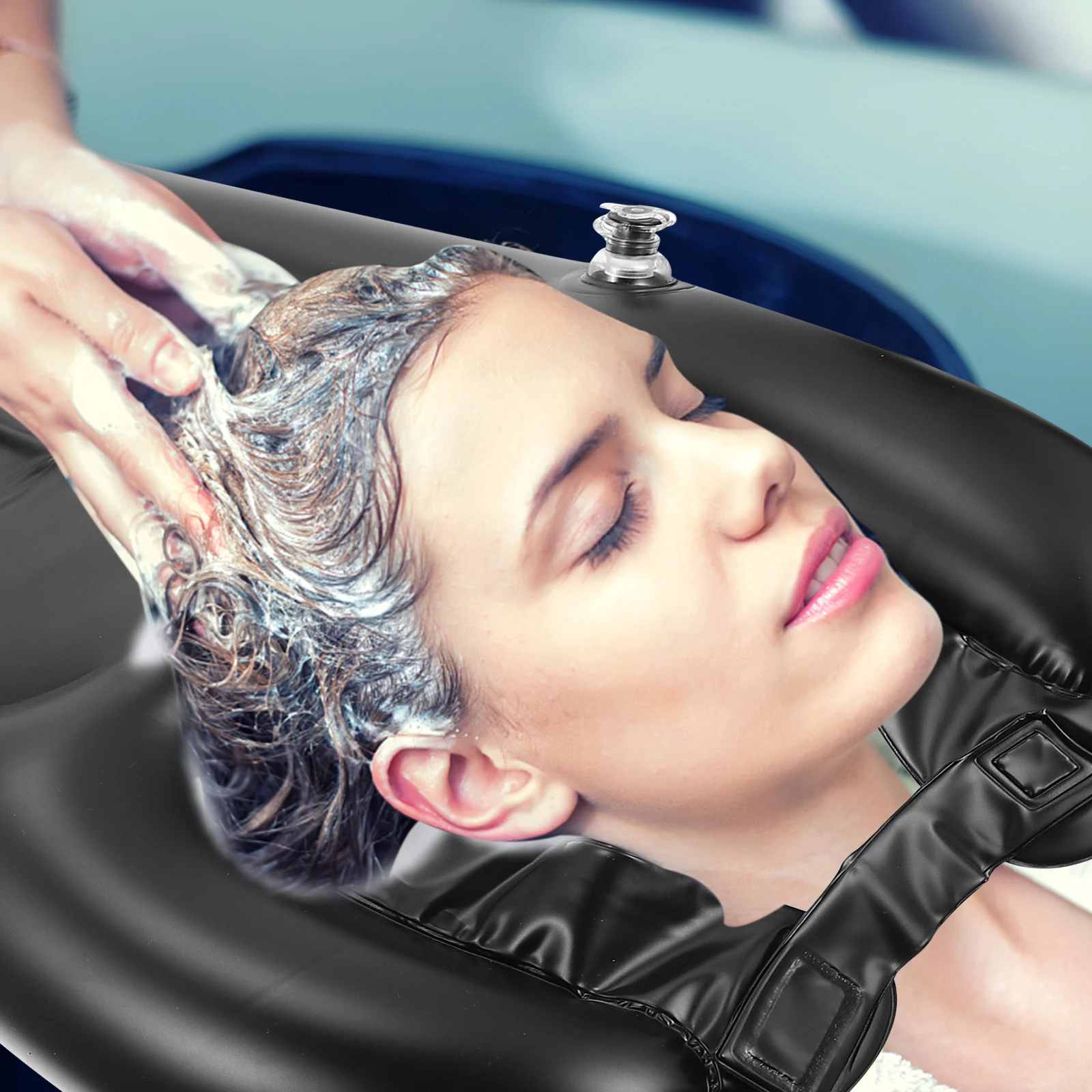 

1Pc Durable Inflatable Shampoo Pad Portable Bed Head Washer Dual Tube Design Prevents Spatter Easy To Inflate Deflate Black