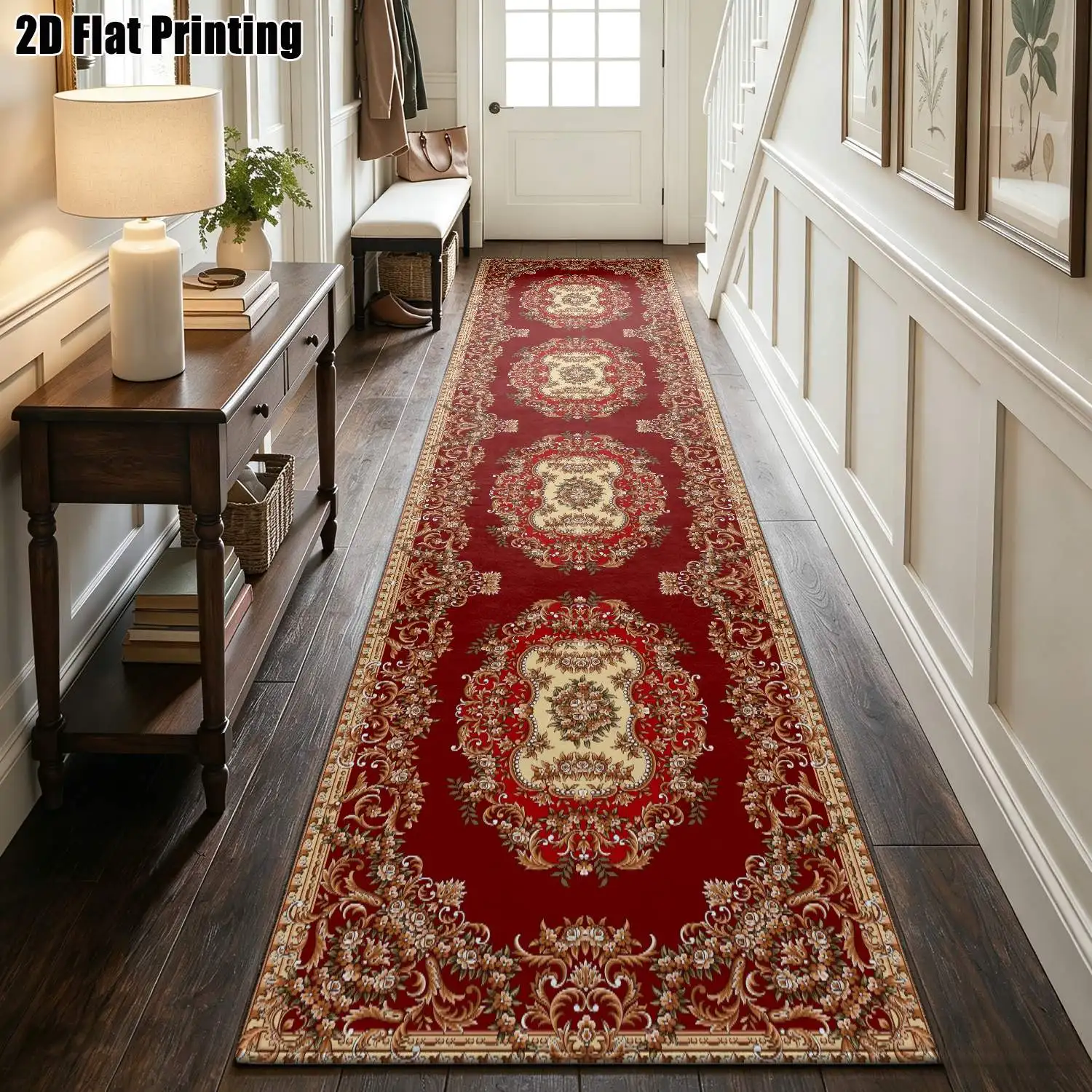 1Pc 2D Printed Long Strip Runner Carpet: Red Retro Floral, Geometric Striped, European Style, Retro Home Decor Rug, Multi-Size, Machine Washable, for Entrance, Hallway, Living Room, Bedroom