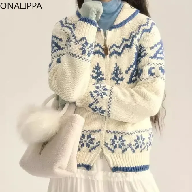 Onalippa Christmas Tree Snowflake Jacquard Sweater Contrast Zipper Peter Pan Collar Cardigans Korean Casual Knitted Cardigan