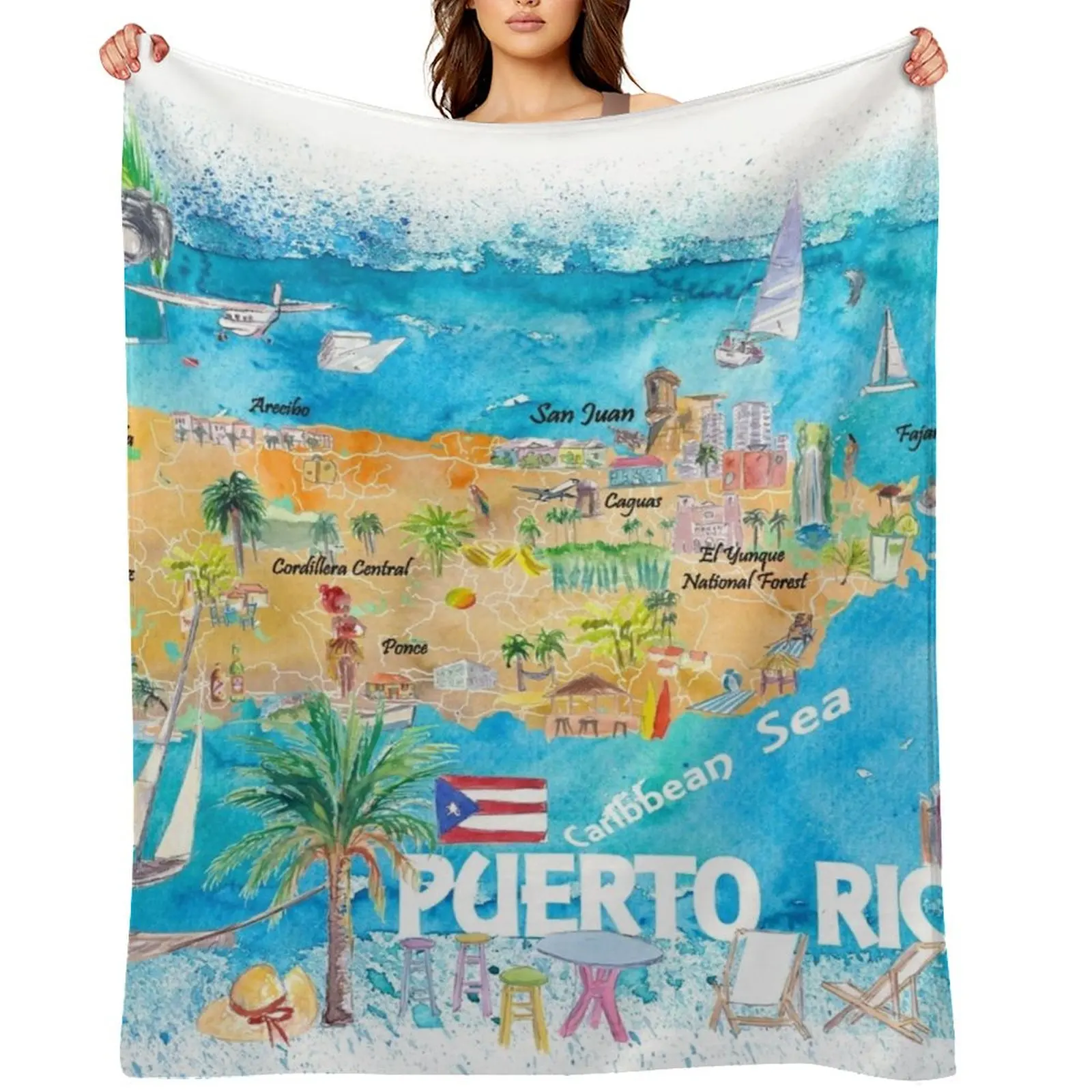 

Puerto Rico Islands Illustrated Travel Map with Roads and Highlights Throw Blanket Shaggy Thin Blankets For Bed Moving Blankets