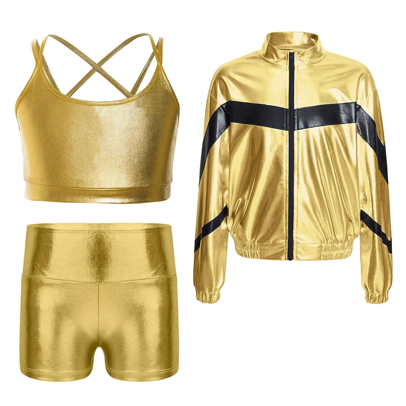 3Pcs Kids Girls Jazz Dance Hip-Hop Street Modern Dance Sports Outfit Long Sleeve Metallic Zipper Jacket with Camisole And Shorts