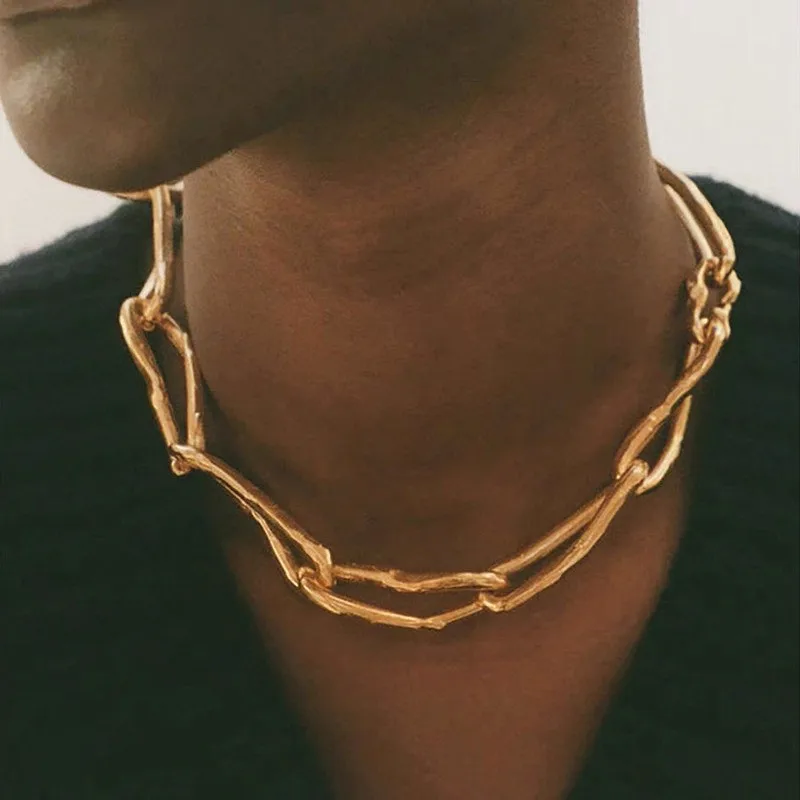 Vintage Gold-plated Irregular Metal Thick Chain Splice Choker Necklace for Women Men Hip-hop Punk Jewelry Gifts