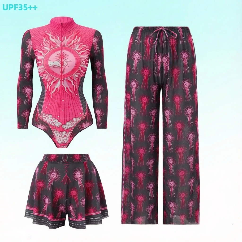 2026 New Women 3Pcs Sun Totem Print Swimwear Set Long Sleeve Front Zip Rash Guard + Wide Leg Mesh Pants Flowy Beach Skort UPF35+