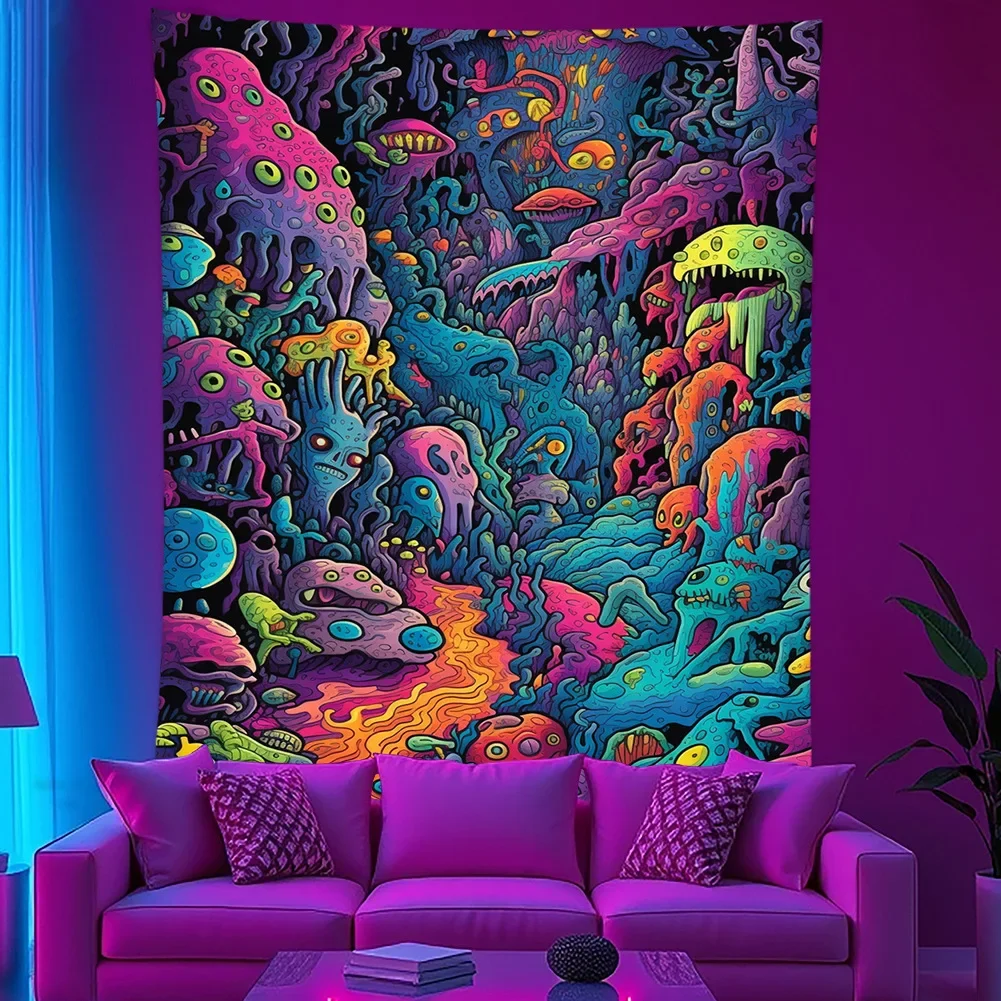 VIKAMA Blacklight Halloween Pumpkin Ghost Tapestry UV Reactive Neon Wall Hanging Spooky Trippy Room Decor