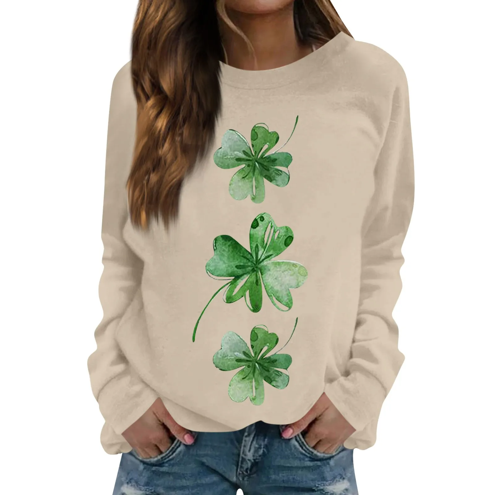 Women'S Casual Sweatshirt Fashion Four Leaf Clover Print Solid Color Pullovers Spring New Long Sleeve O-Neck Pullover Tops