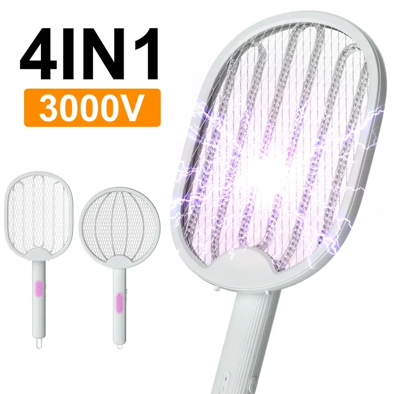 

4 In 1 Foldable Electric Mosquito Swatter Killer 3000V Fly Swatter Trap USB Rechargeable Mosquito Racket Insect Killer Bug Zappe