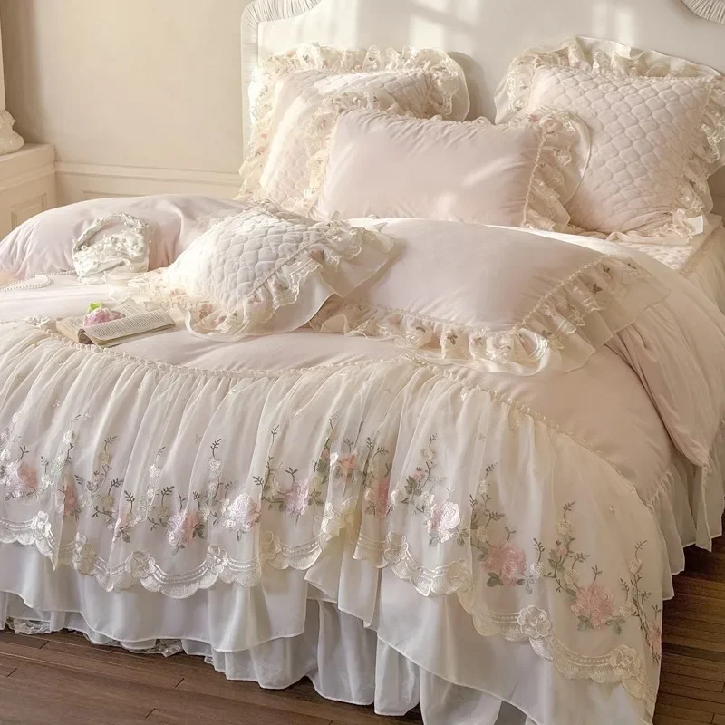 4 Pieces Premium French Princess Style Cotton 100% Bedding Set Large Duvet Cover Queen King Size Pillowcase Bed Sheet Summer