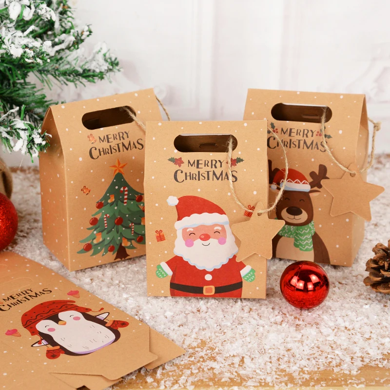 6/12/24Pcs Christmas Candy Gift Box with Tag Kraft Paper Cookie Snack Packing Bags 2024 Xmas Party Home Decoration New Year 2025