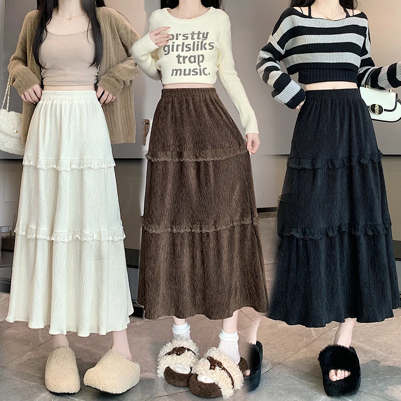 MiiiiX Sweet Style Pleated Long Skirt Women 2024 New Autumn Loose Elastic High Waist Ruffles A-line Cake Skirt Female Clothes