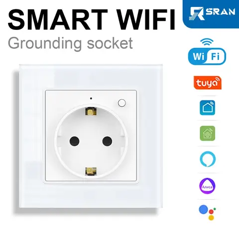 Enchufe Inteligente Wifi SRAN EU 220V, Panel de Vidrio Templado, Enchufe de Pared con Indicador, Control por Aplicación Tuya, Compatible con Google Home y Alexa