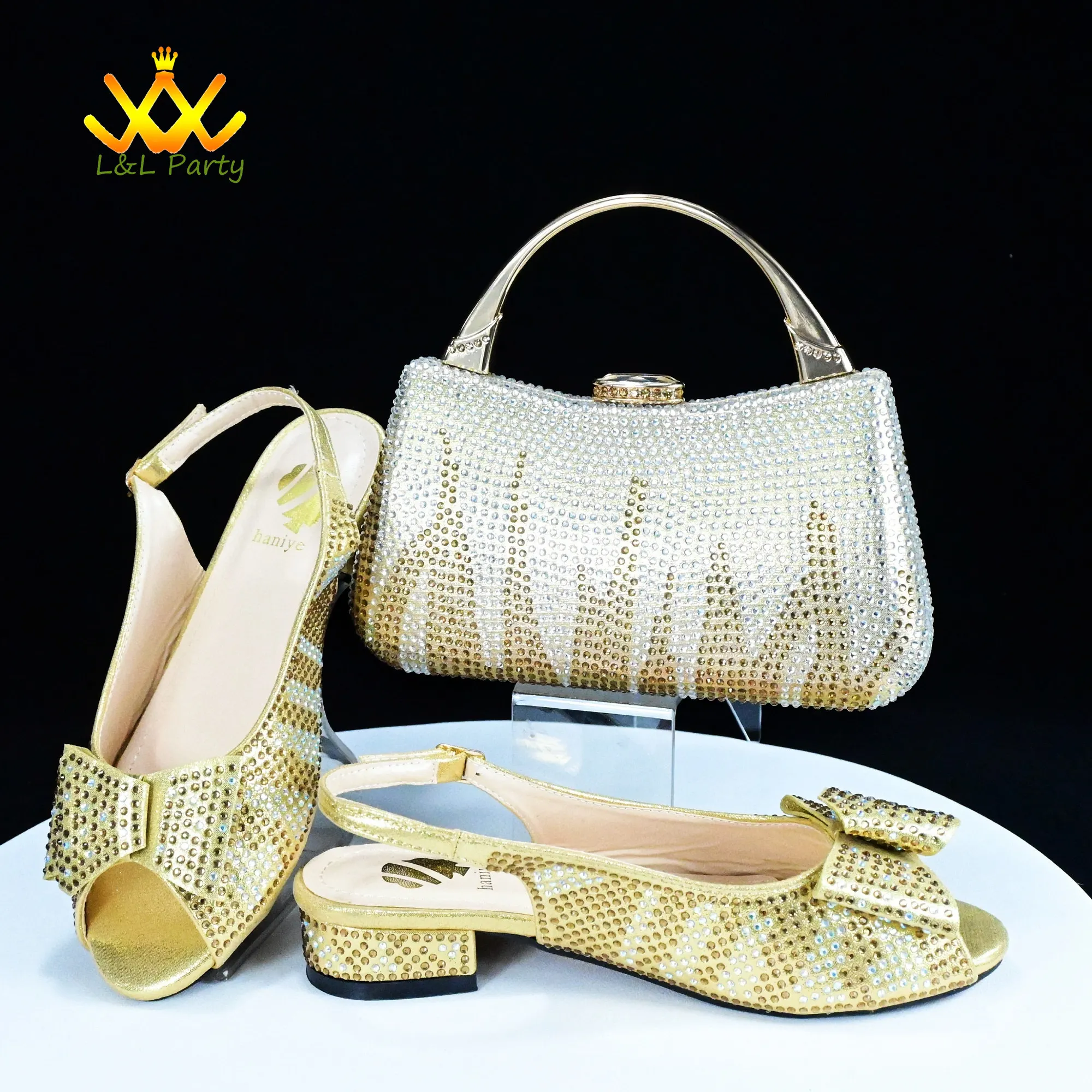 Low Heels Fashion 2024 Spring Summer New Design Nigerian Women Shoes and Bag Set in Gold Color Italian Women Design For Wedding