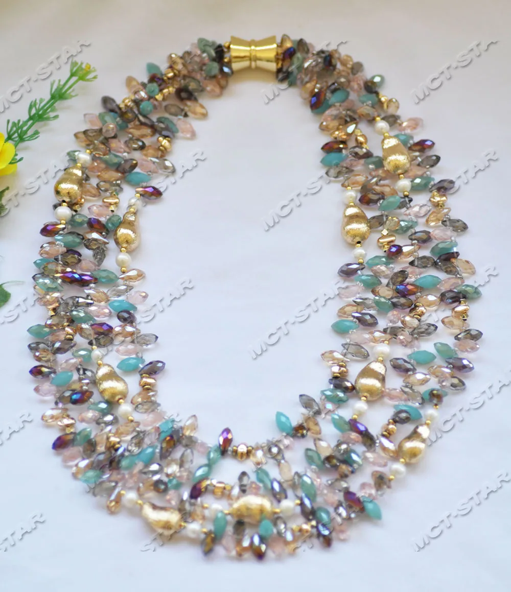 MTC·STAR  Z12796 4Row Macarons Color Crystal Brushed Bead White Pearl Necklace Jewelry