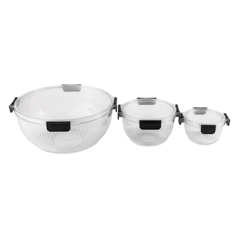 Set Mangkuk Pencampur Plastik 6 Buah dengan Tutup Kedap Udara Desain Bersarang Wadah Penyimpanan Dapur Berusuk Bening Tahan Pecah