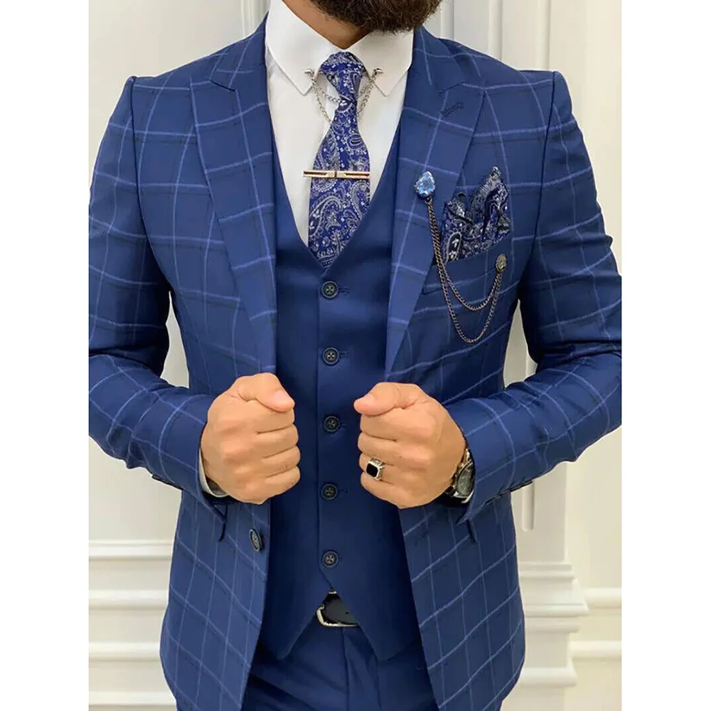 

Blue Plaid Men's Wedding Suit Three Pieces Peaked Lapel Pants Suits Casual Overcoat Formal Business Daily Tailored