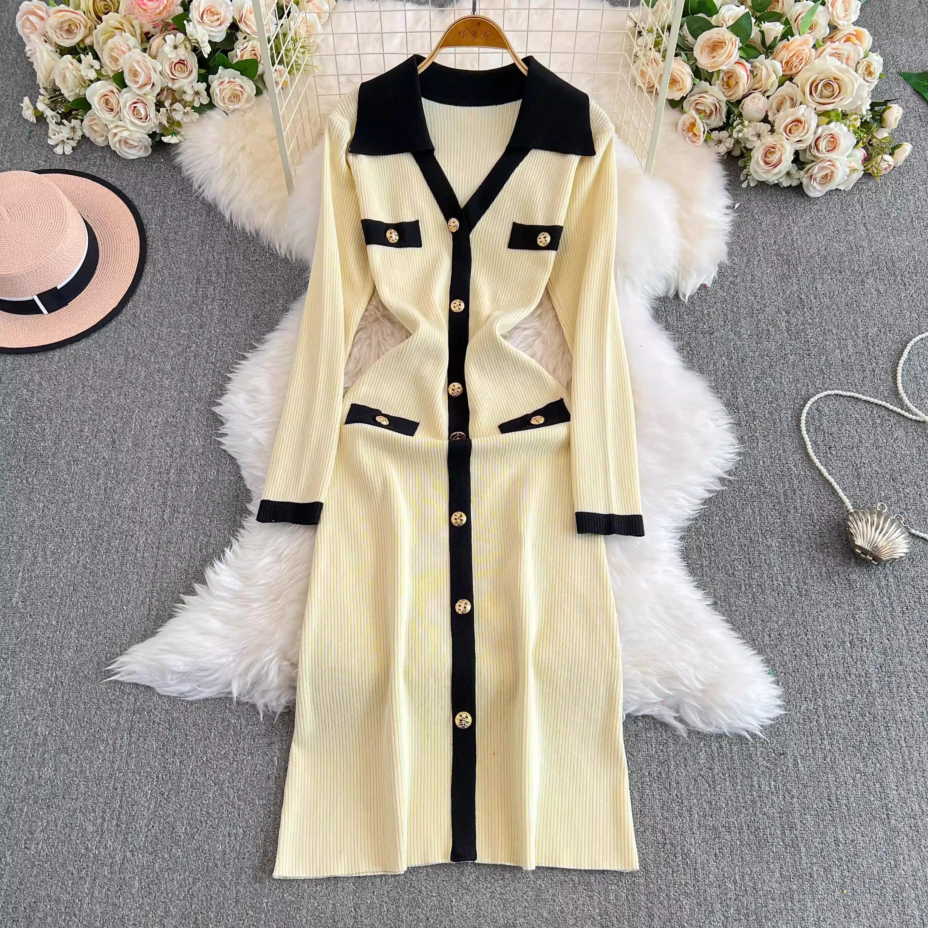 YuooMuoo Women Dress 2024 Autumn Winter Notched Knitted Long Dress Office Lady Single-breasted Beige Black Sweater Dress