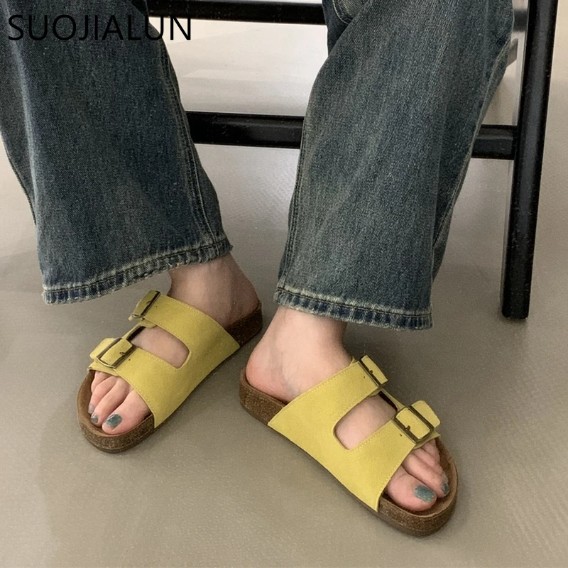 SUOJIALUN Summer New Brand Women Slipper Fashion Buckle Ladies Flat Heel Casual Slides Open Toe Slip On Outdoor Slides Shoes