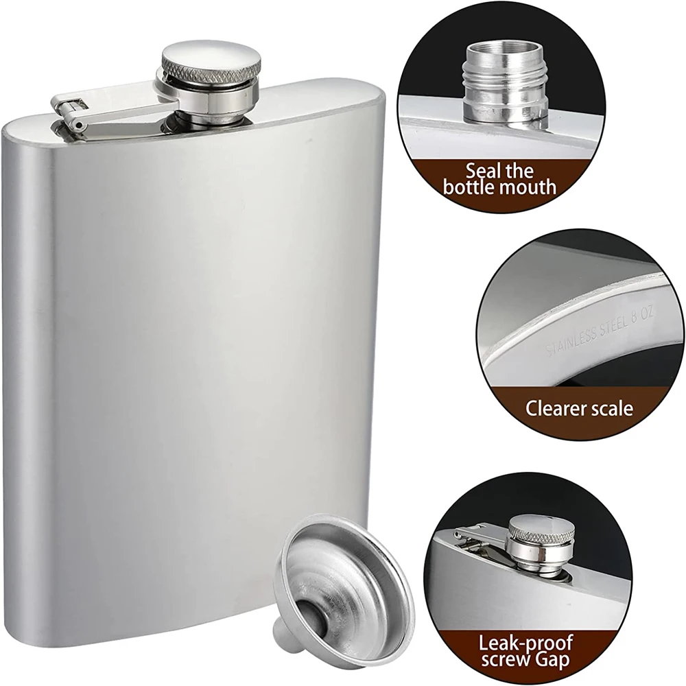 Stainless Steel Hip Flask Gift Set with Funnel Pocket Alcohol Whiskey Hip Flask Screw Cap Liquor Outdoor Accessories 1-10oz