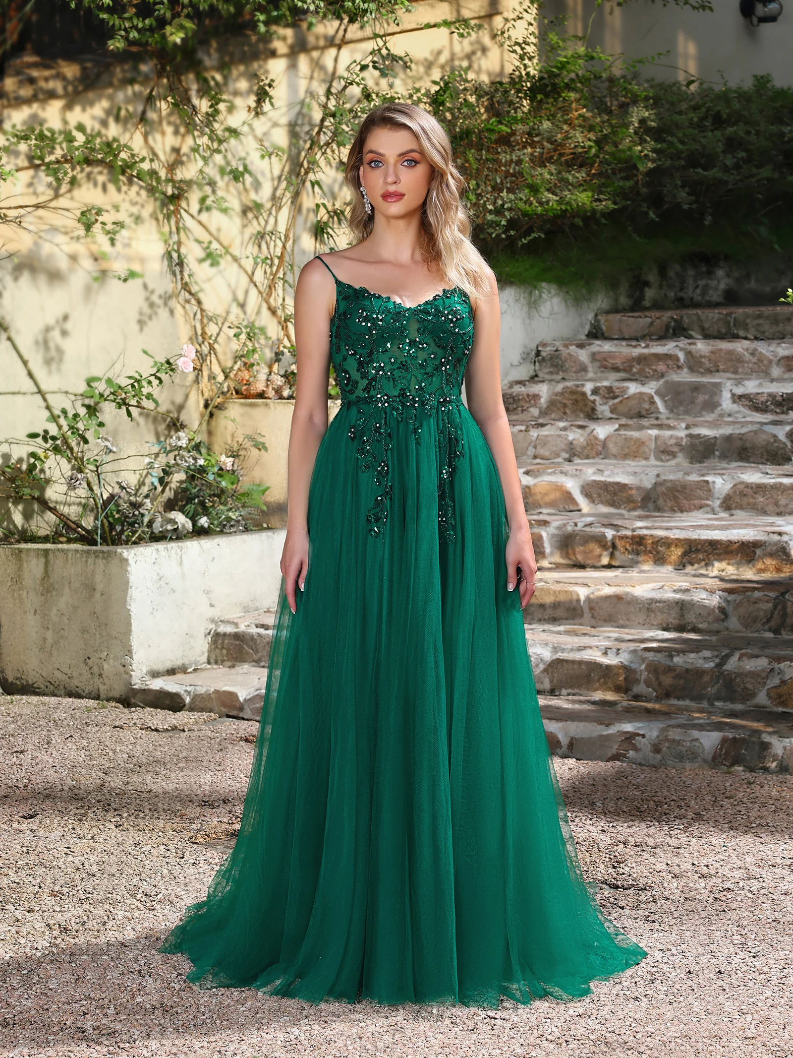 Exquisite Beads Sequins Green Maxi Dress for Women Sexy Spaghetti Straps Backless Tulle Wedding Party Dresses for Evening Prom