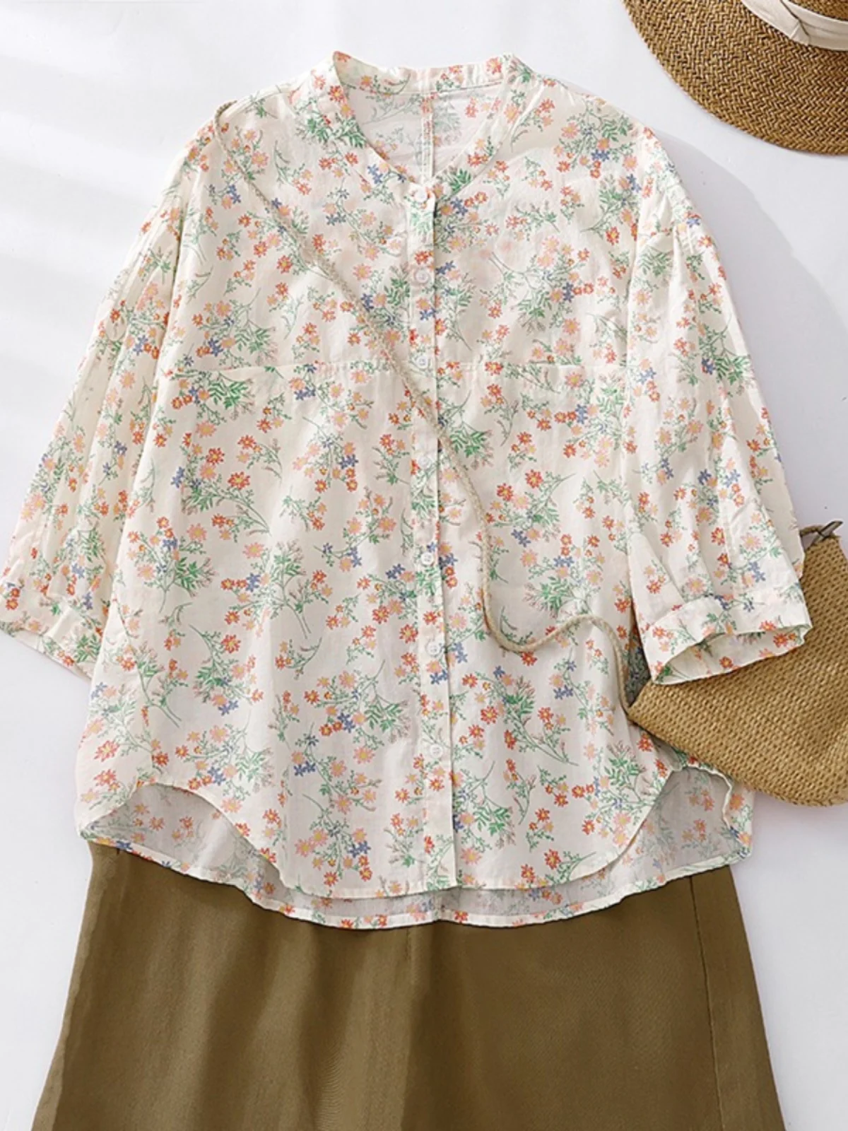 

Retro Floral Cotton Linen Women's Summer Casual Loose Fit irt ort Sve Button up Ne Regular Length Commute Sle