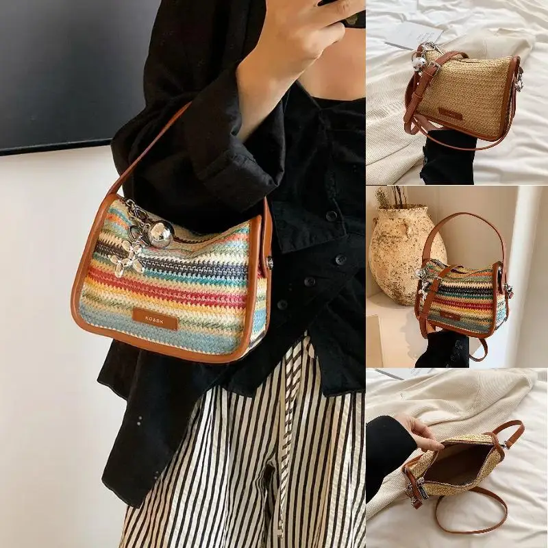 

New Straw Woven Bag Summer Women's Crossbody Bag Girls Small Beach Handbag Polyester Lined Fashion Shoulder Bag