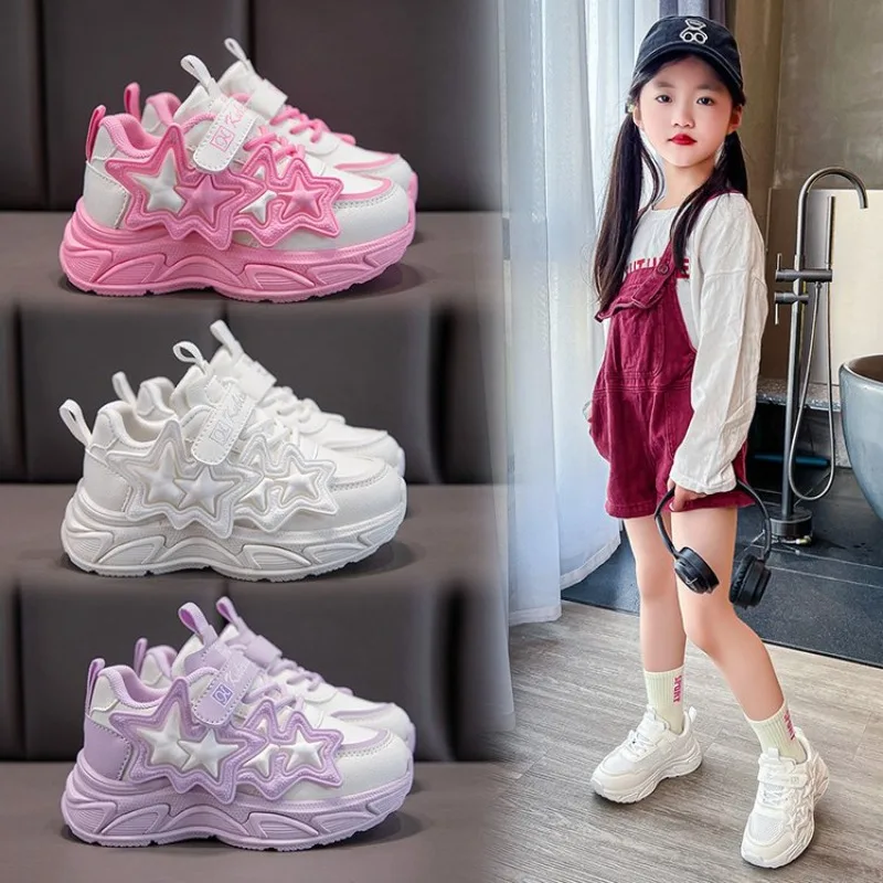 Children Casual Shoes for Girls Fashion Classic with Stars Girls Sports Running Sneakers Breathable PU + Rubber Anti-skid Soft