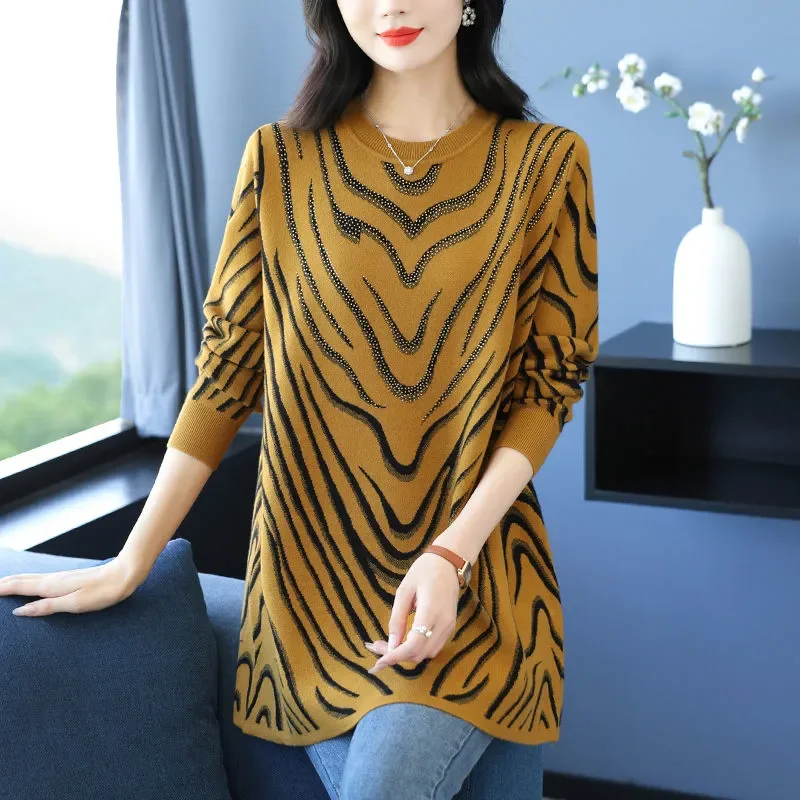 

Autumn Winter Fashion Loose Striped O-neck Long Sleeve Pullovers Women Clothes All-match Printing Knitting T-Shirts Female Tops