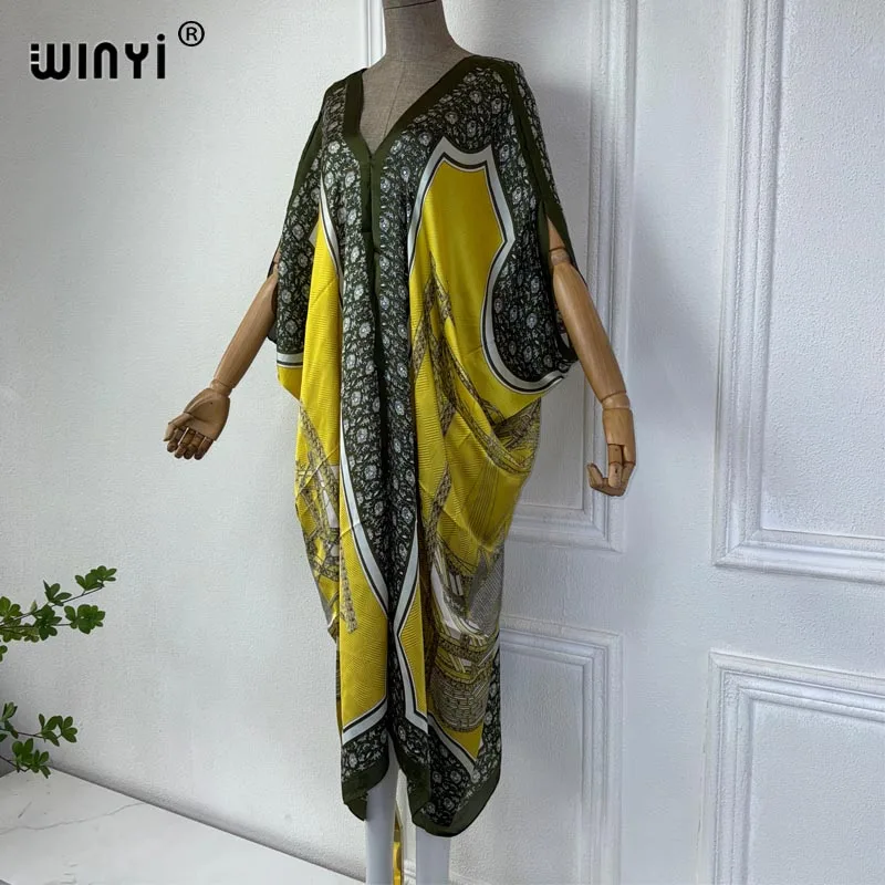 WINYI Summer african V-neck dress Printed beach wear women 2024 Loose Femme Robe Muslim beach cover ups silk feel evening dress