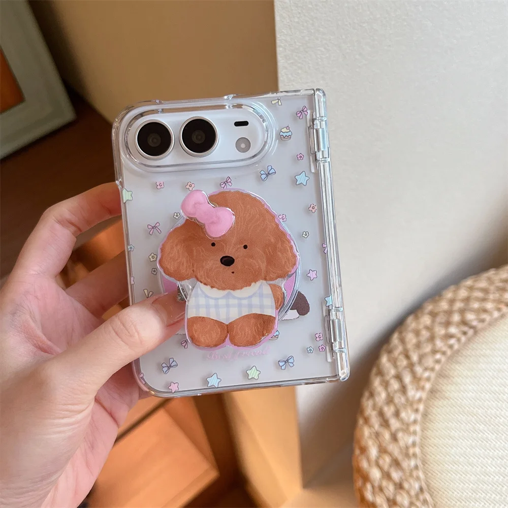 Cute Bow Dog Phone Case For iPhone Duo Magnetic Rotating Stand Clear Cover Star Bow Shockproof Girls Protective For Magsafe