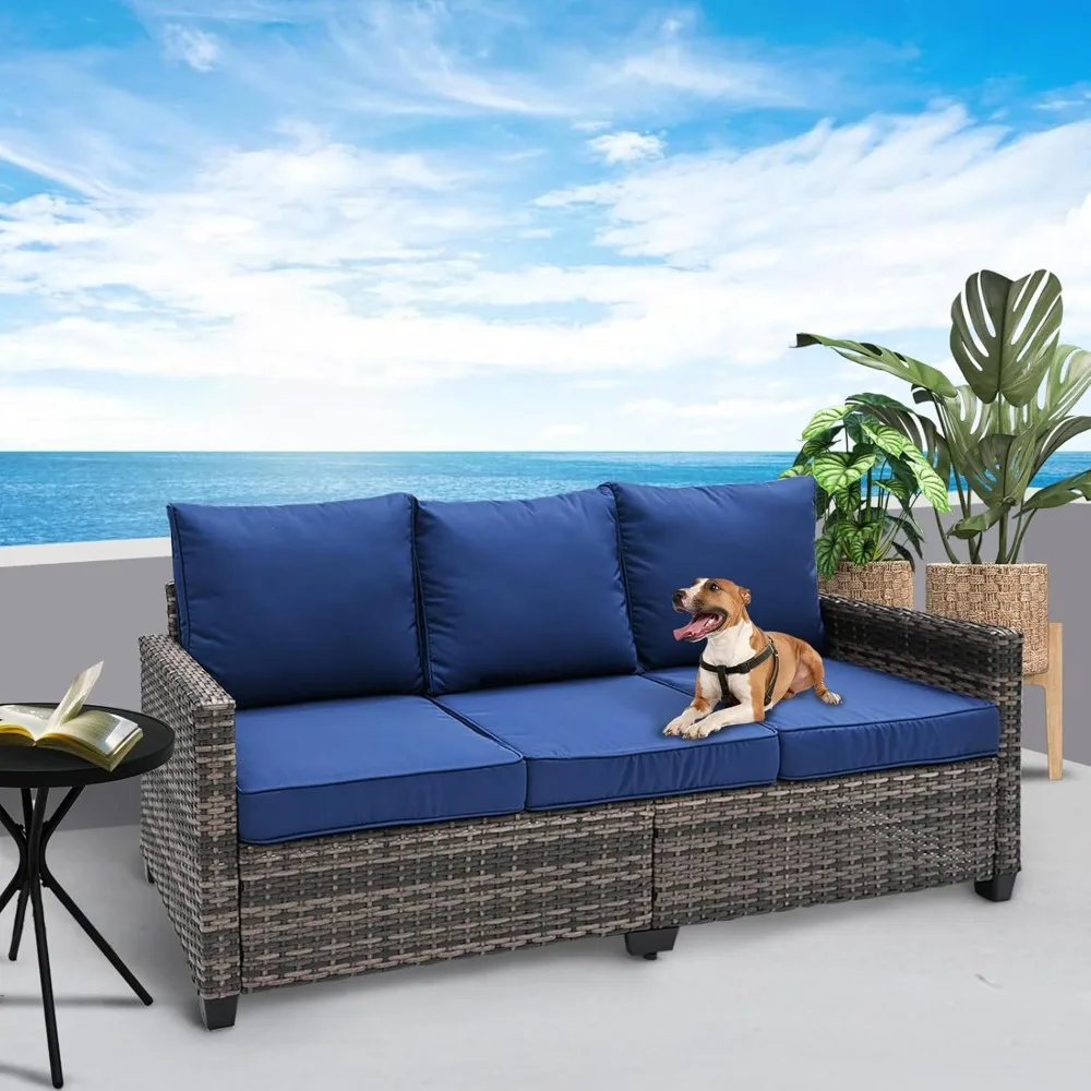 All Weather Wicker Patio Couch, 3-miejscowa sofa Patio z wysokim krzyżem oparcia, Premium Sofa zewnętrzna z brązową wikliny i grubym Cus선