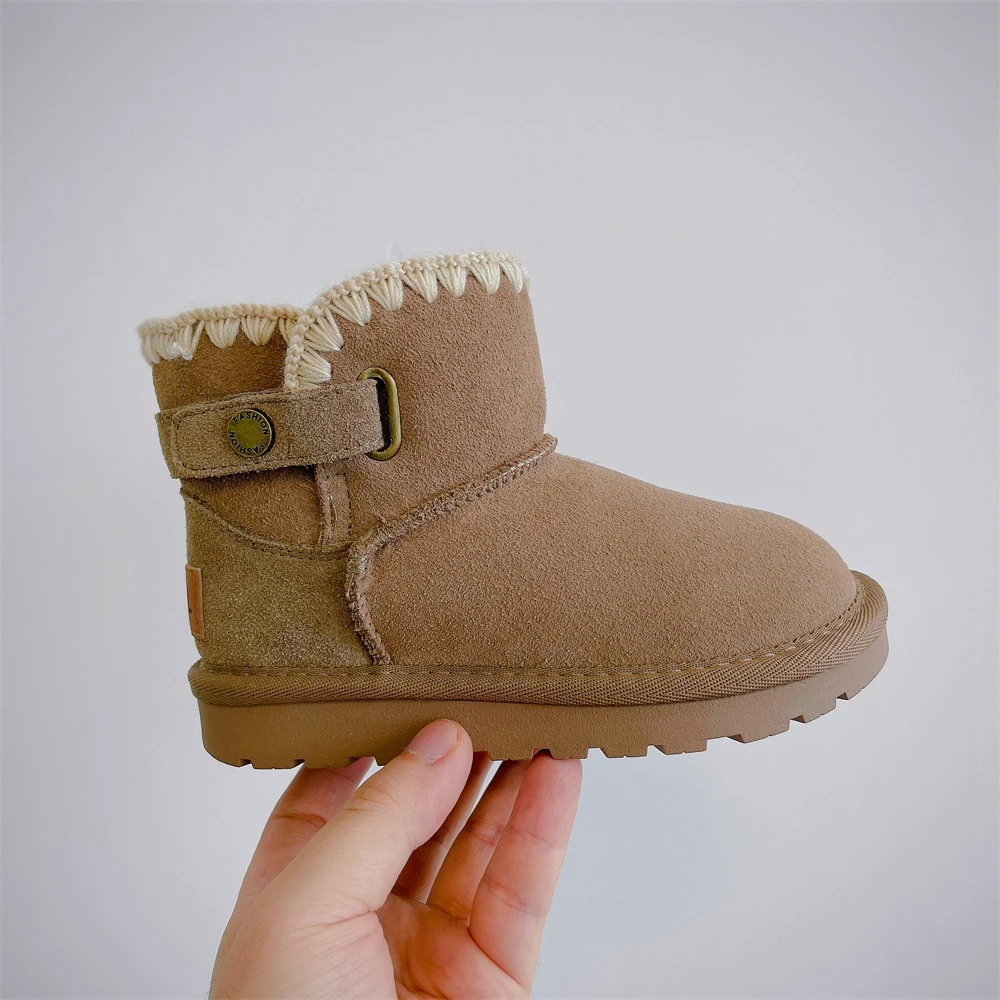 Baby Kid Infant Genuine Leather Nubuck Cotton Boots Girls Wool Lace Princess Cotton Shoes Winter Children Snow Boots Keep Warm