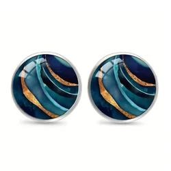 Blue Marble Textured Glass Dome Stud Earrings Vintage Stainless Steel Artistic Aesthetic Earrings For Women