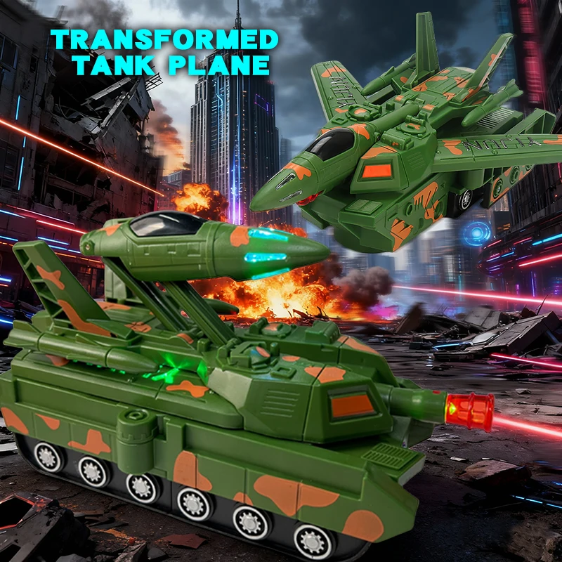 ของเล่นเครื่องบินรถถังแปลงร่างสำหรับเด็ก ของเล่นเดินได้อเนกประสงค์พร้อมฟังก์ชั่นเสียงและแสงสุดเจ๋ง ของขวัญวันหยุด