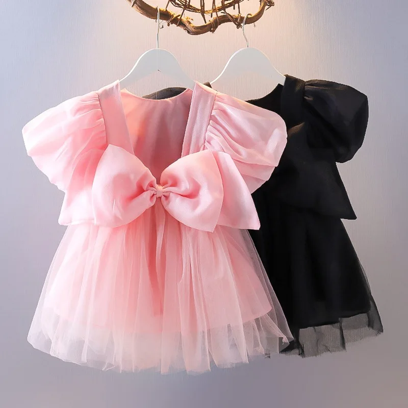 Big Bow Baby Girl Dress Summer Infant Vestido Tulle Tutu Puff Sleeve Children Clothing Solid Toddler Dress Princess Clothes 0-3Y