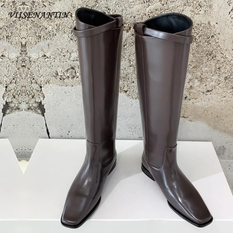 Fashion Square Toe Low Heel Knight Boots Women Autumn Winter High Quality Genuine Leather Belt Slip on Knee High Boots Females