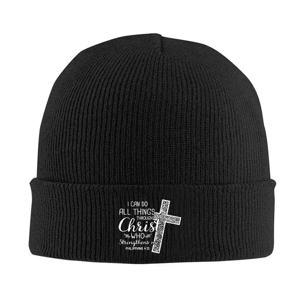 Men Women Bible Verse Cross Beanie Hat - Retro Religious with Scripture Print, Warm Windproof Winter