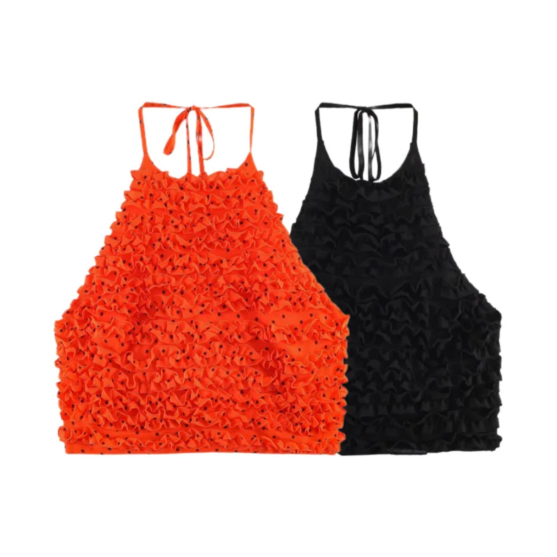 

Dave&Di Women's Clothing 2026 Summer New Product Backless Wave Dot Layered Hanging Neck Collar Short Suspender Top