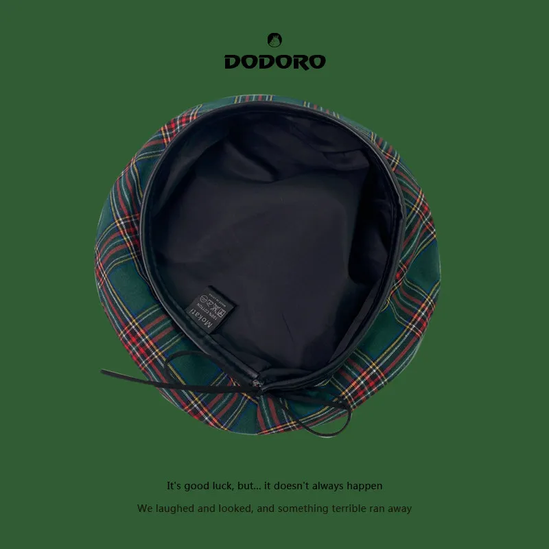 Plaid Leather Trim Beret Hat for Women, Autumn Lightweight Painter Cap, British Retro Style Unisex