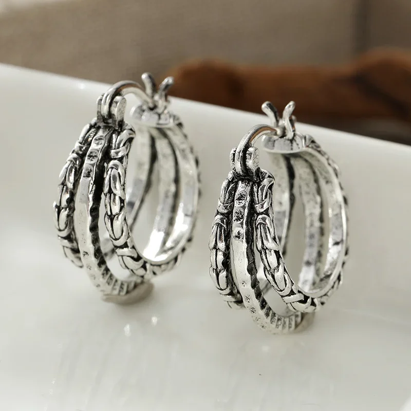 Vintage Multi Layer Braided C Shaped Women's Earrings Twists Winding Texture Design Silvery Color Versatile Ear Buckle Jewelry