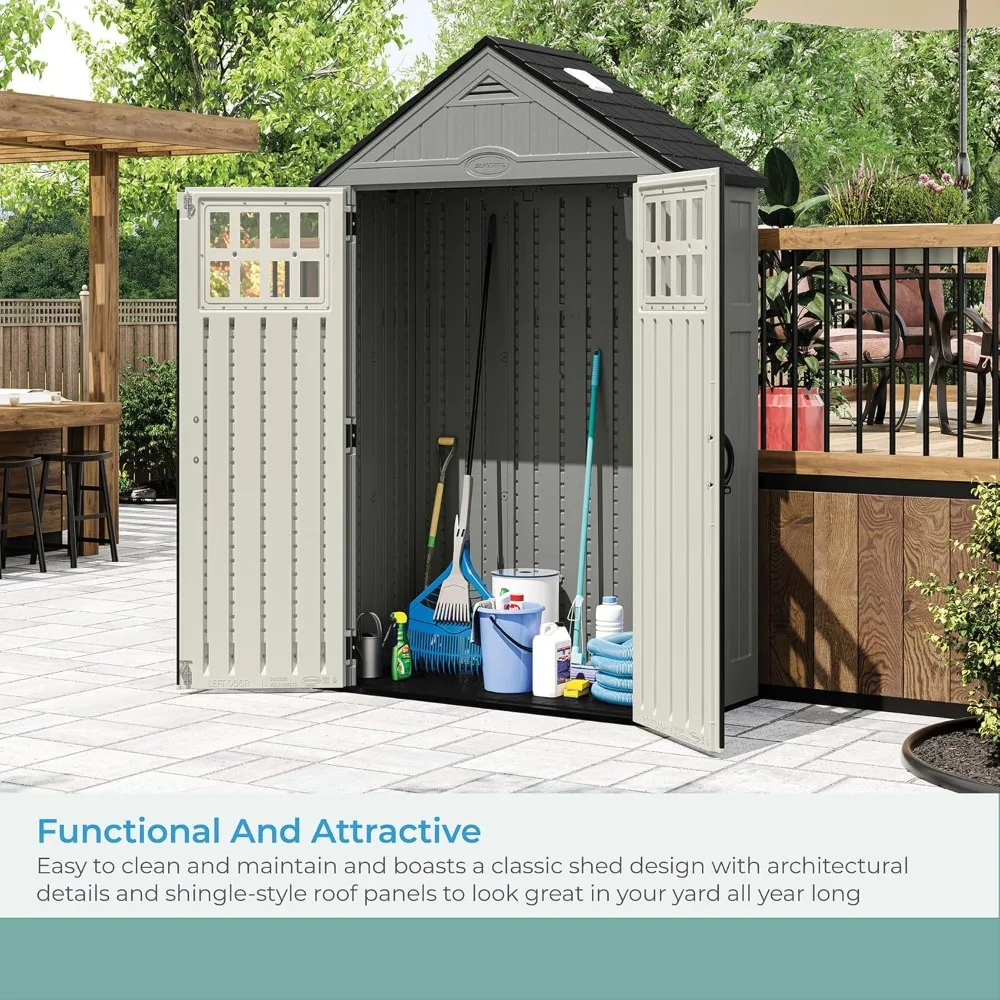 Everett 6' X 3' Heavy-Duty Resin Outdoor Pad-Lockable Double Doors and Windows All-Weather Shed for Yard Storage, Dove Gray